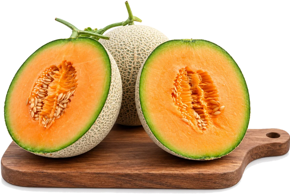 Dua belahan melon dan satu melon utuh di atas talenan kayu.