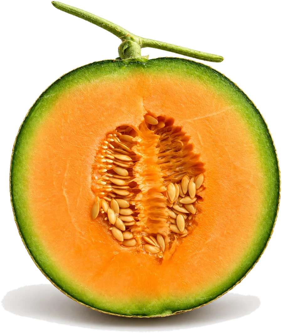 Belahan melon dengan daging buah segar dan biji di bagian tengah.